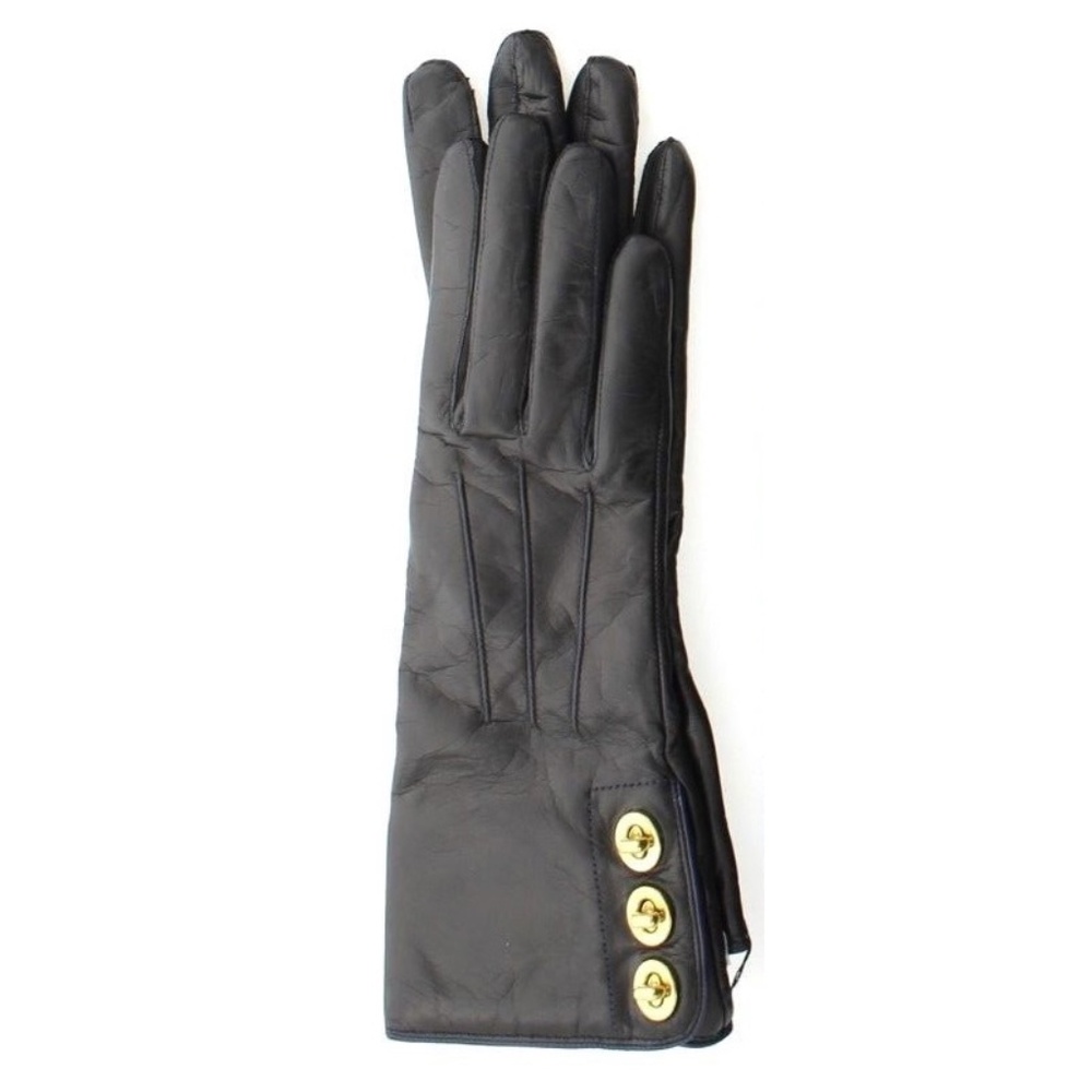 Coach Black Leather Gloves, Gold Triple Turnlock, Cashmere Lined, MSRP $168